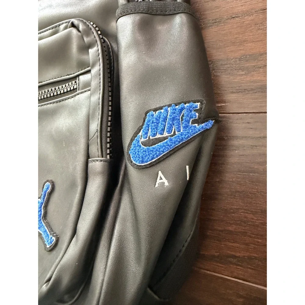 Jordan MVP Backpack Black Blue Chenille Patches Faux Leather Bag MA0899-023